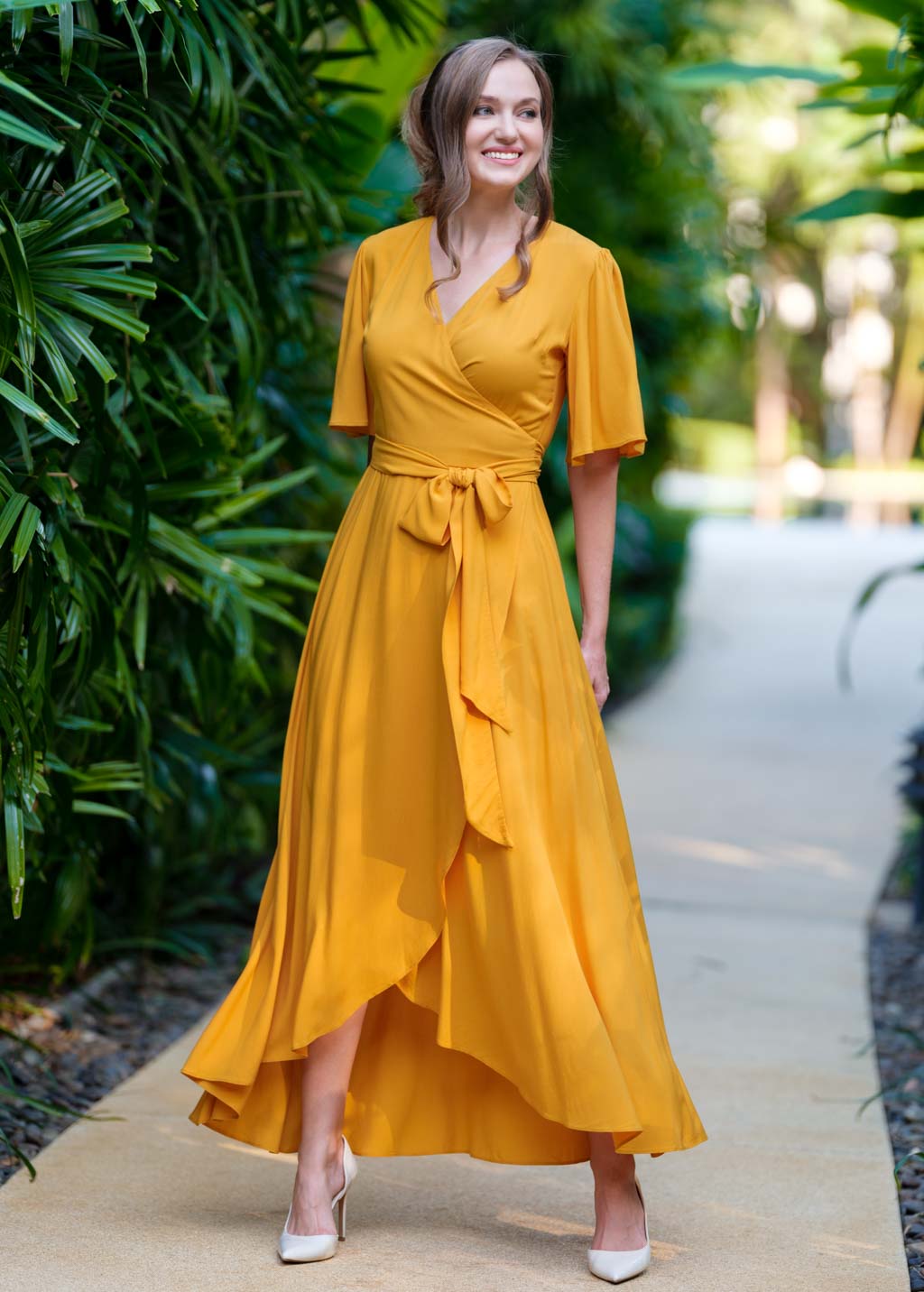 Honey yellow romantic wrap dress