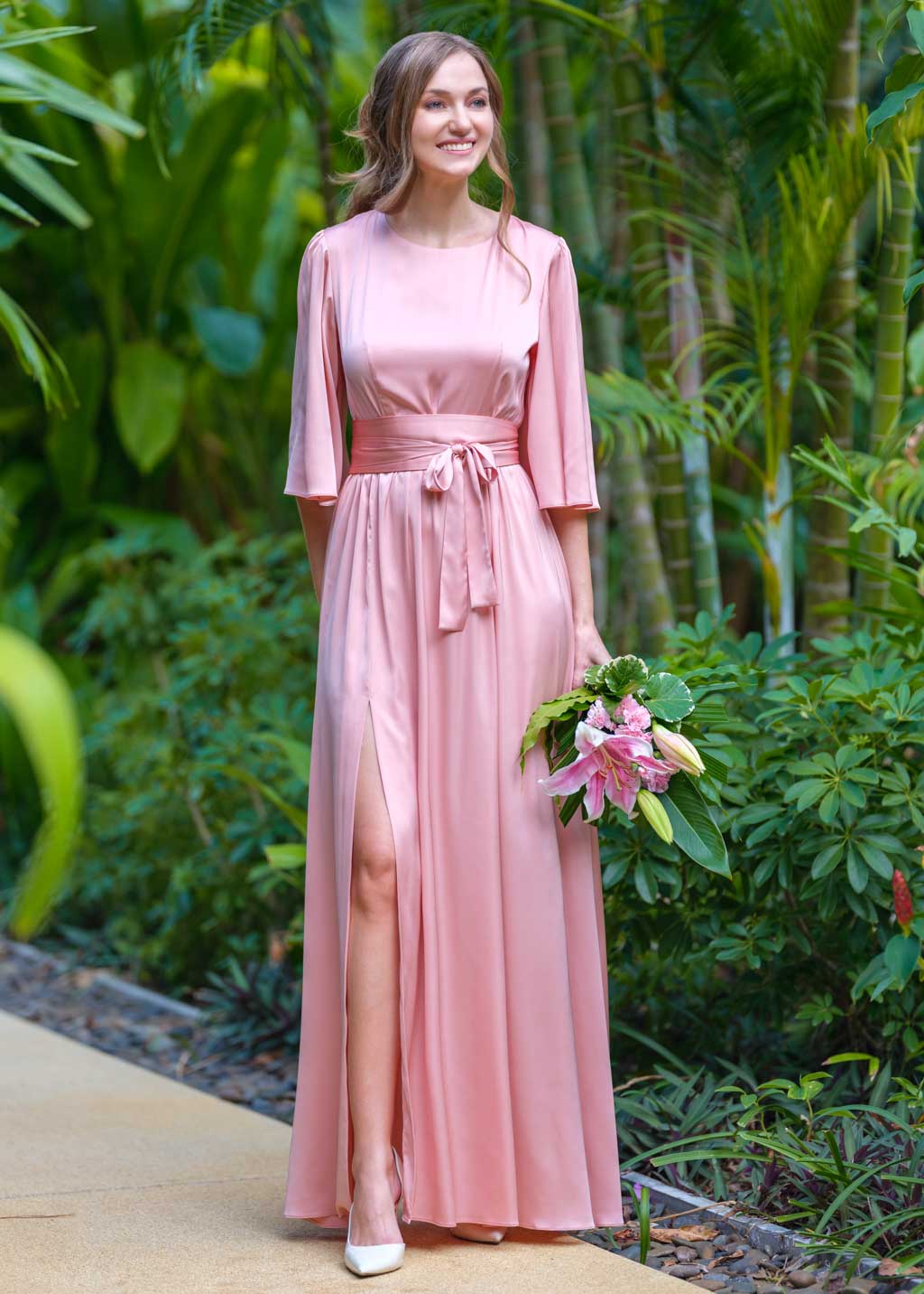Blush pink silk slit dress with belt