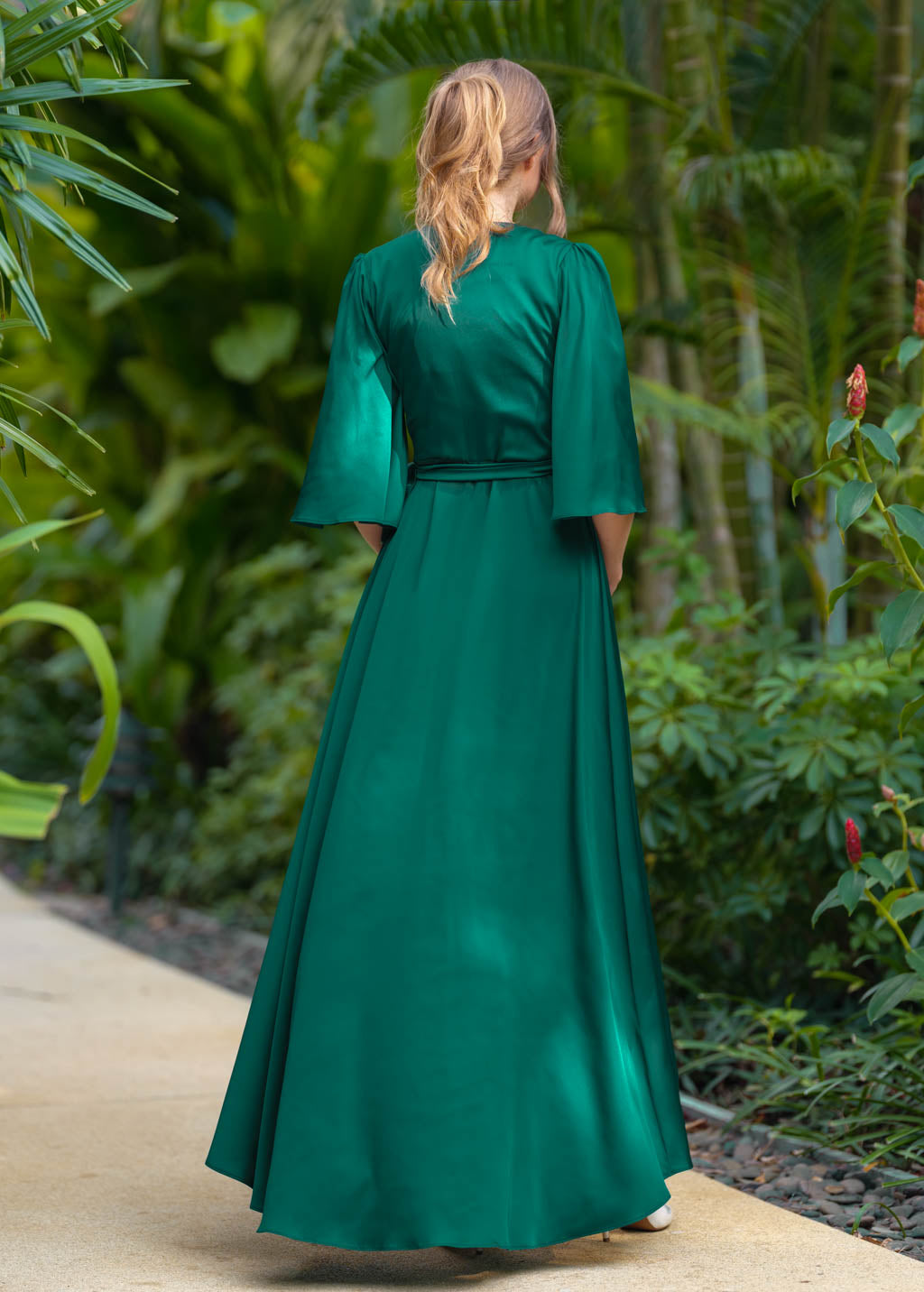 Emerald green silk long wrap dress