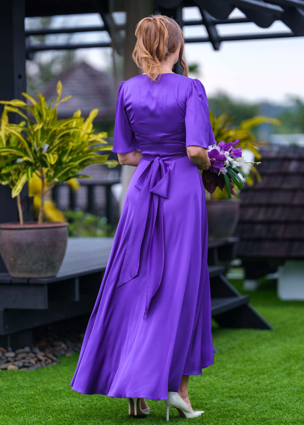 Purple silk long wrap dress