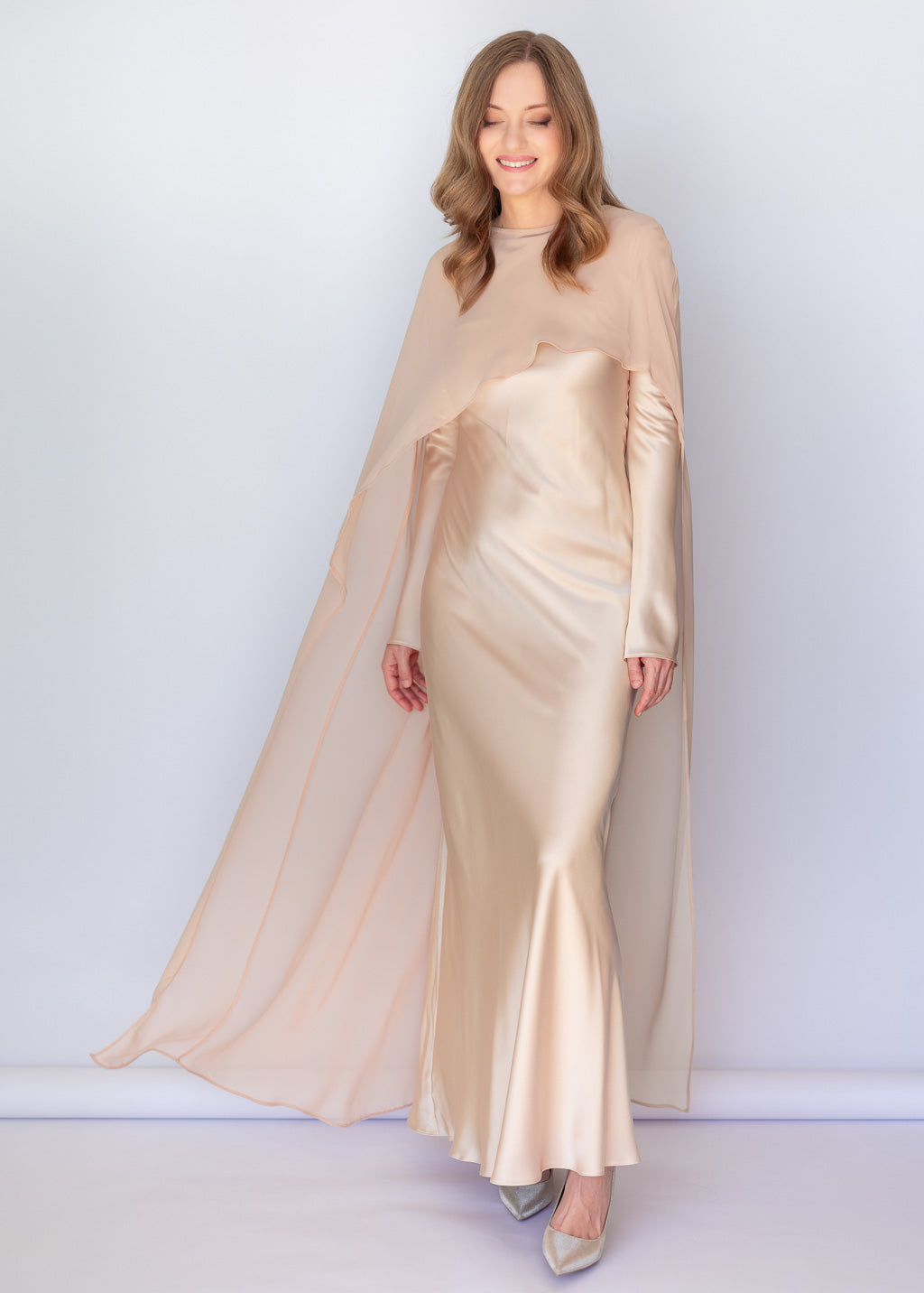 Bias Cut Light Champagne Maxi Silk Dress with Long Sleeves & Detachable Cape