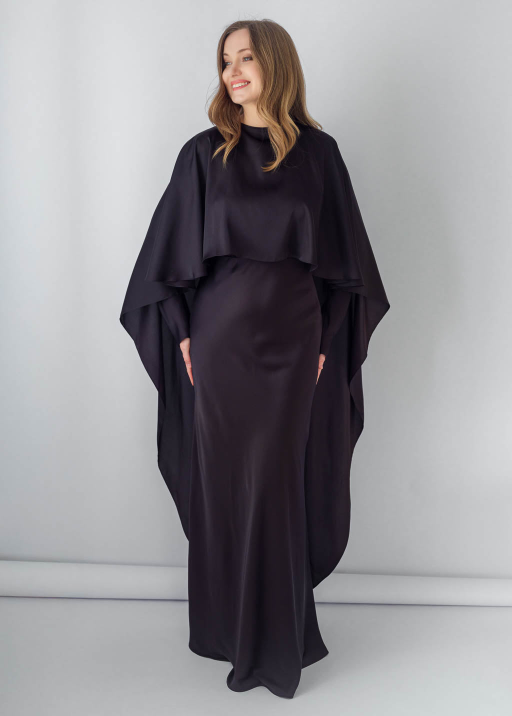 Black Silk Maxi Dress & Detachable Silk Cape