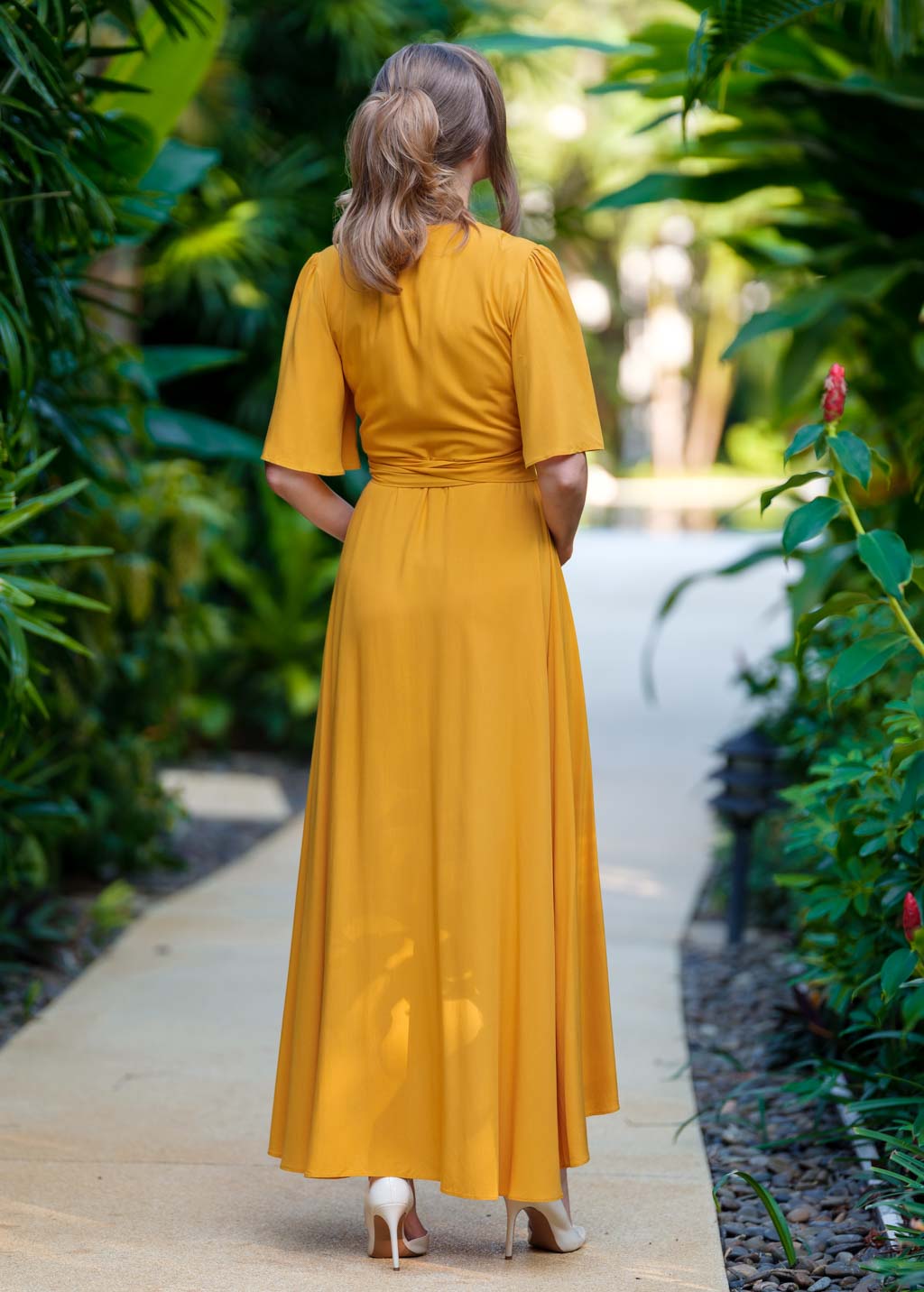Honey yellow romantic wrap dress