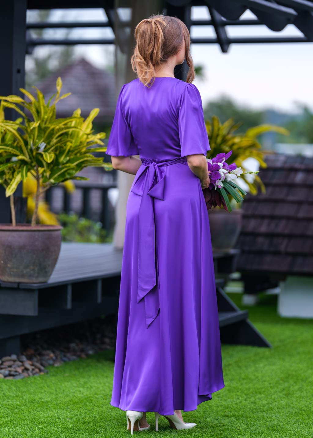Purple silk long wrap dress