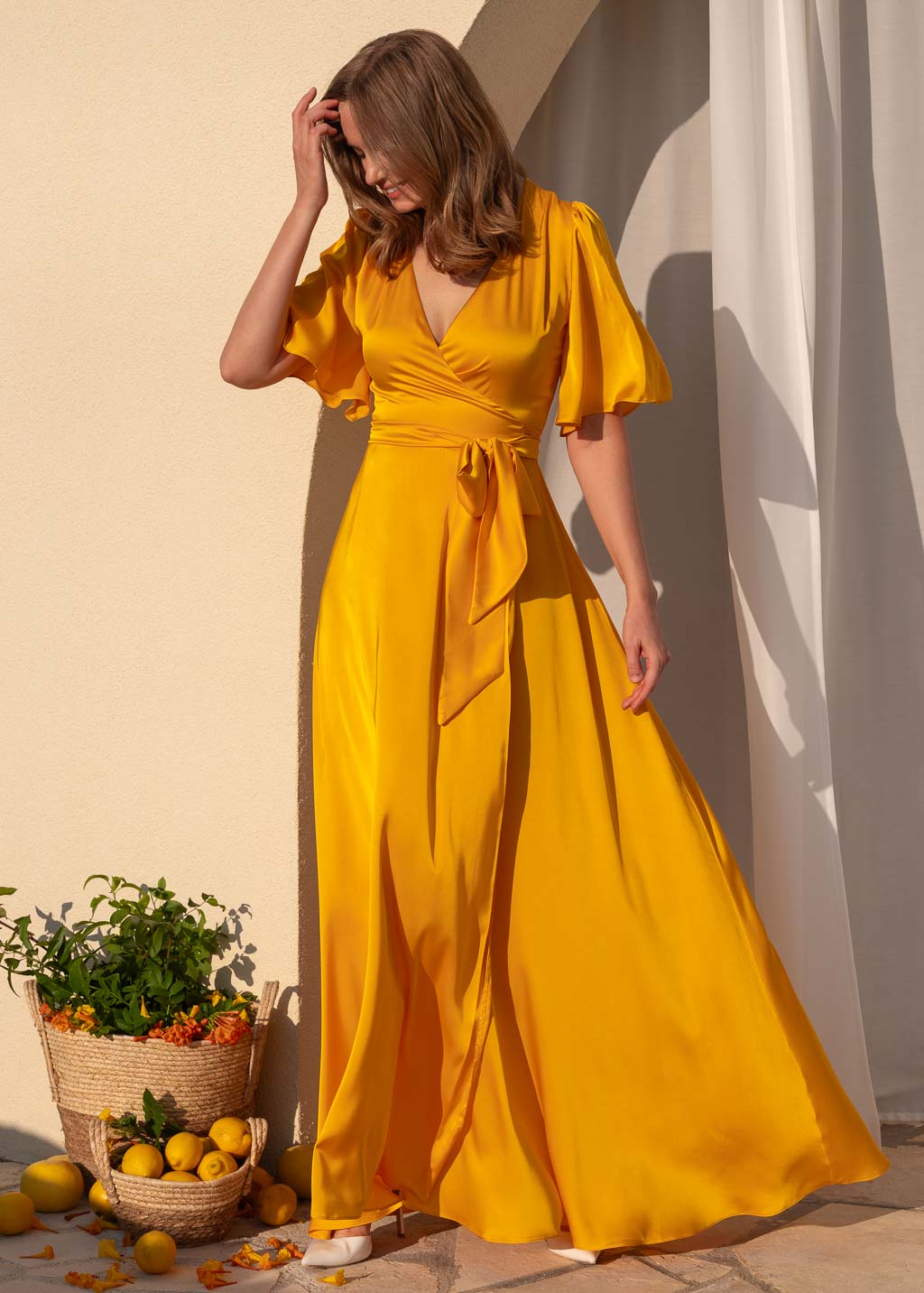 Sunflower yellow silk satin gown for weddings & special occasions