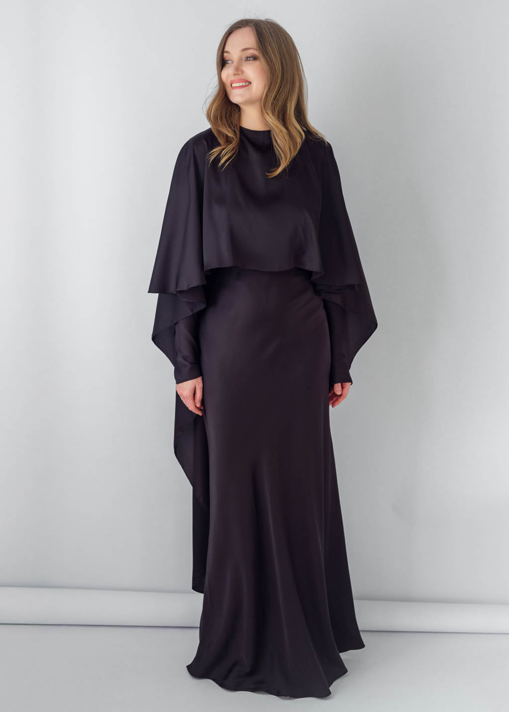 Black Silk Maxi Dress & Detachable Silk Cape