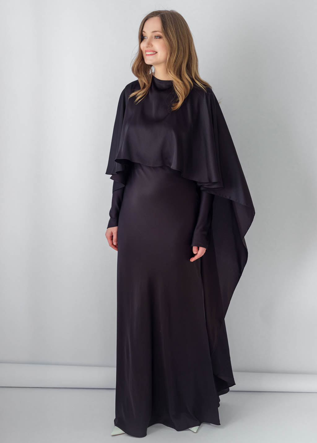 Black Silk Maxi Dress & Detachable Silk Cape