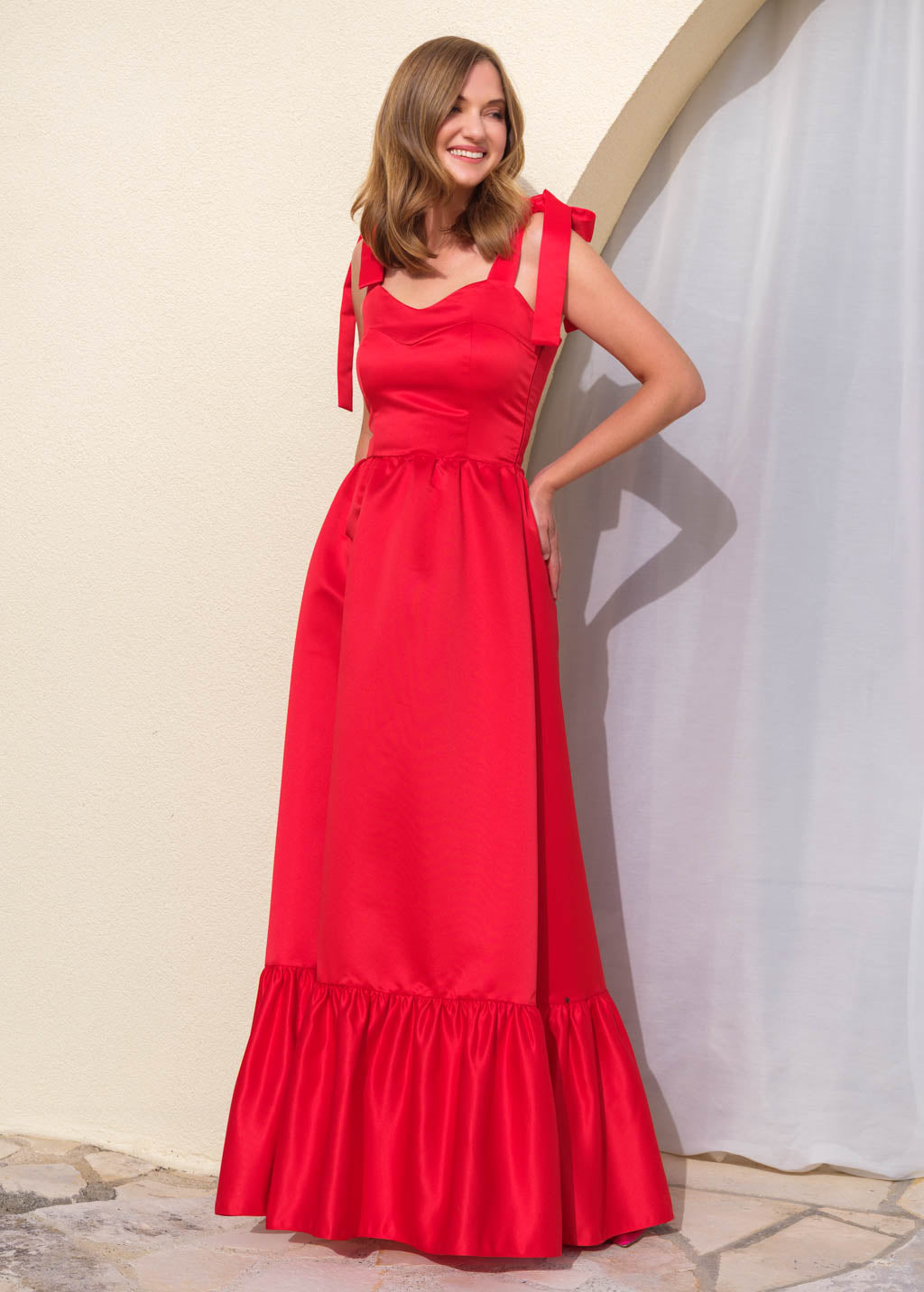 Red long satin dress with ruffle hem