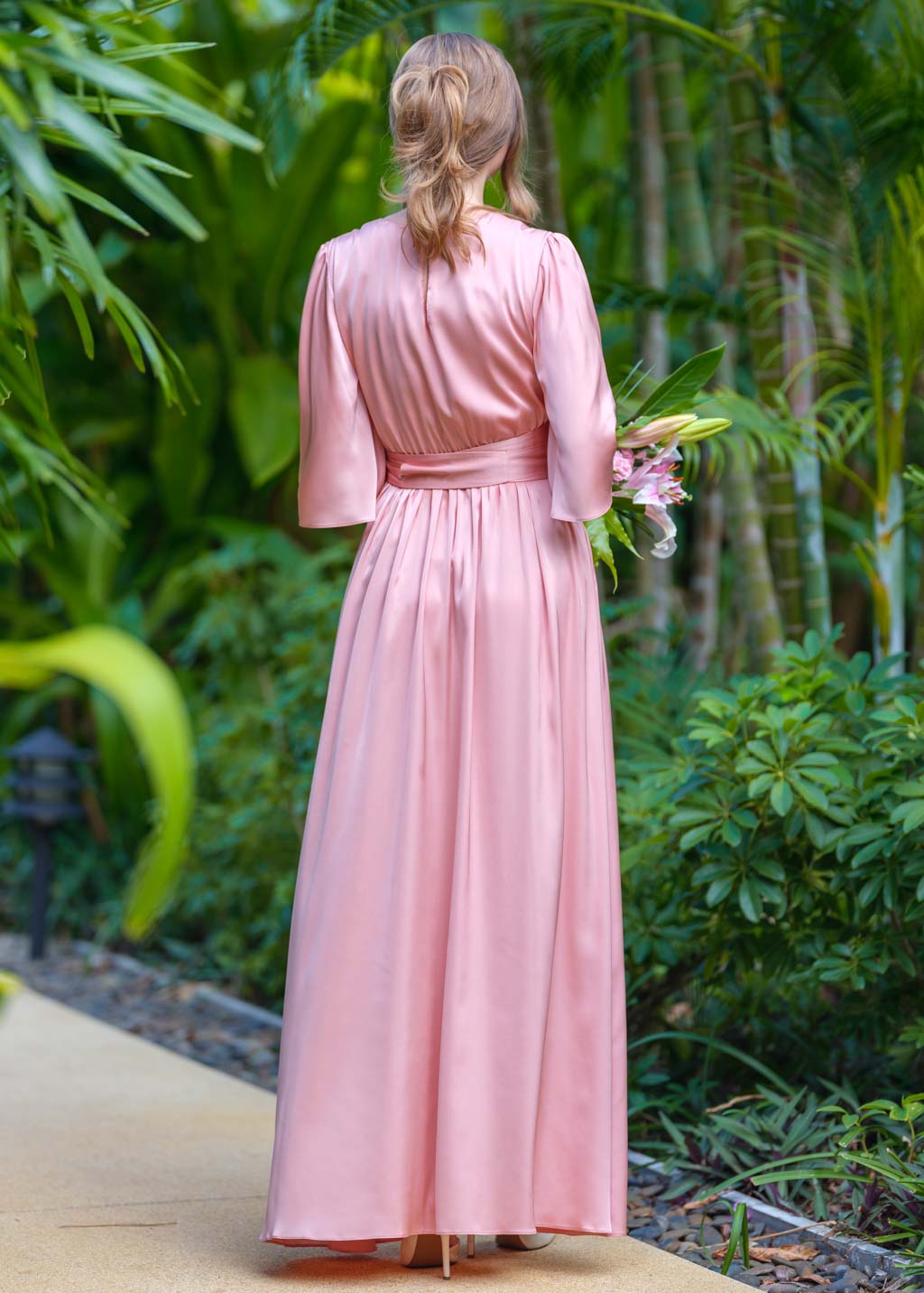 Blush pink silk slit dress with belt