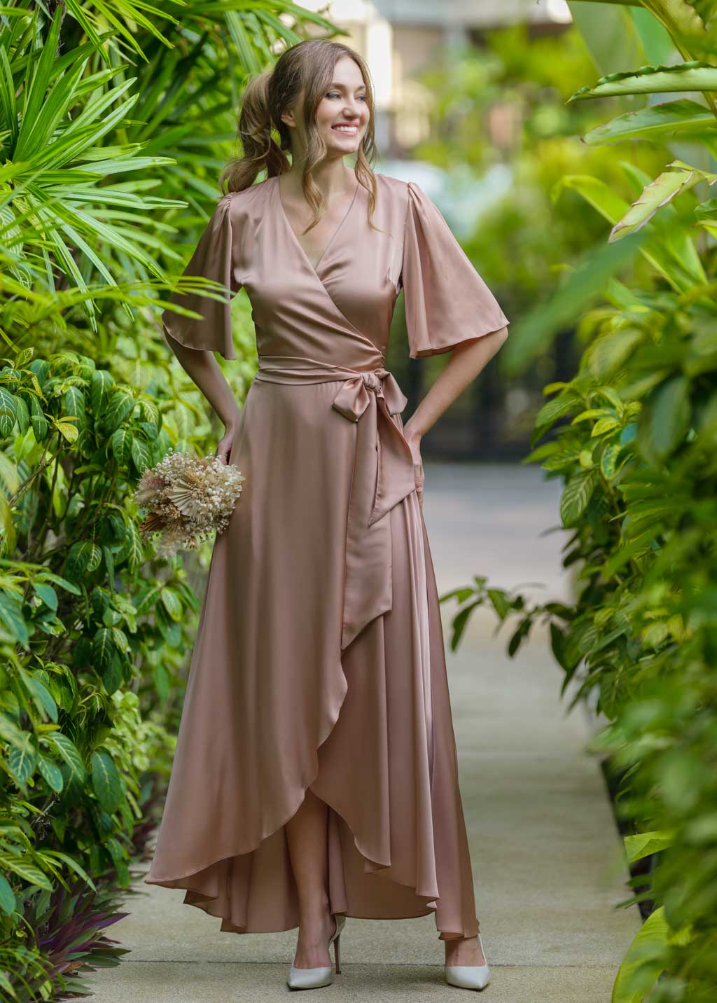 Cappuccino silk long wrap dress