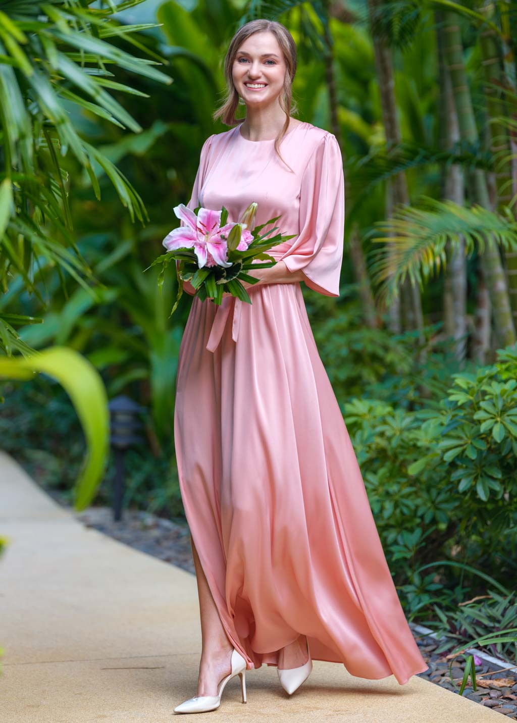 Blush pink silk dress with belt