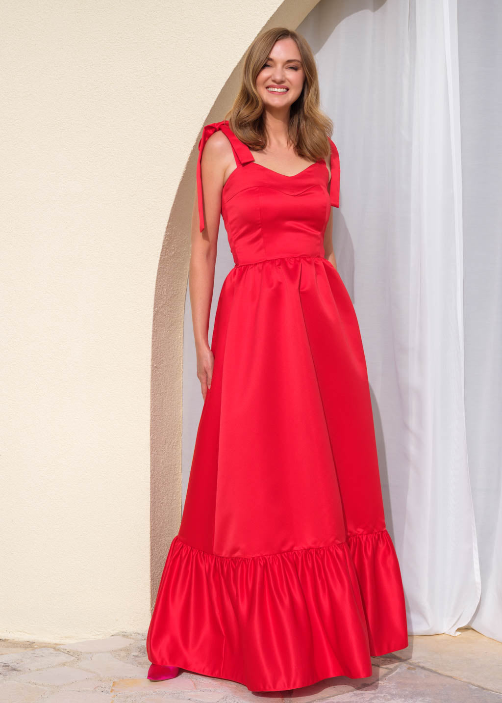 Red long satin dress with ruffle hem