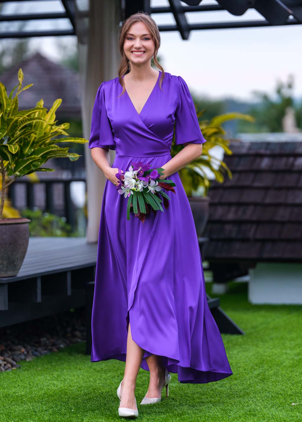 Purple silk long wrap dress