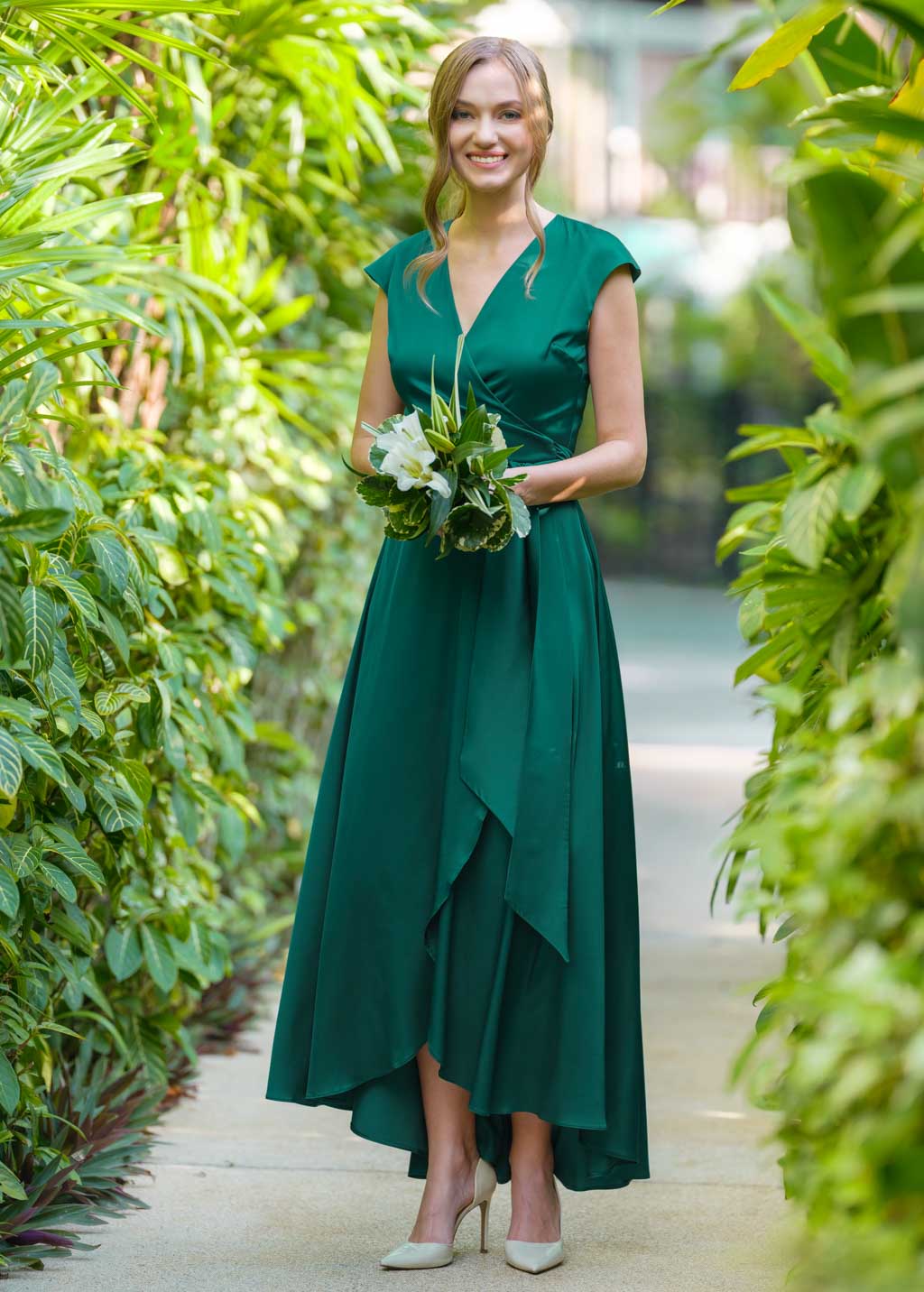 Emerald green romantic wrap dress