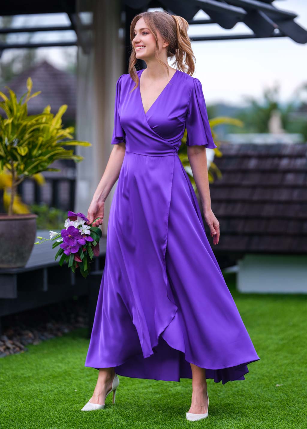 Purple silk long wrap dress