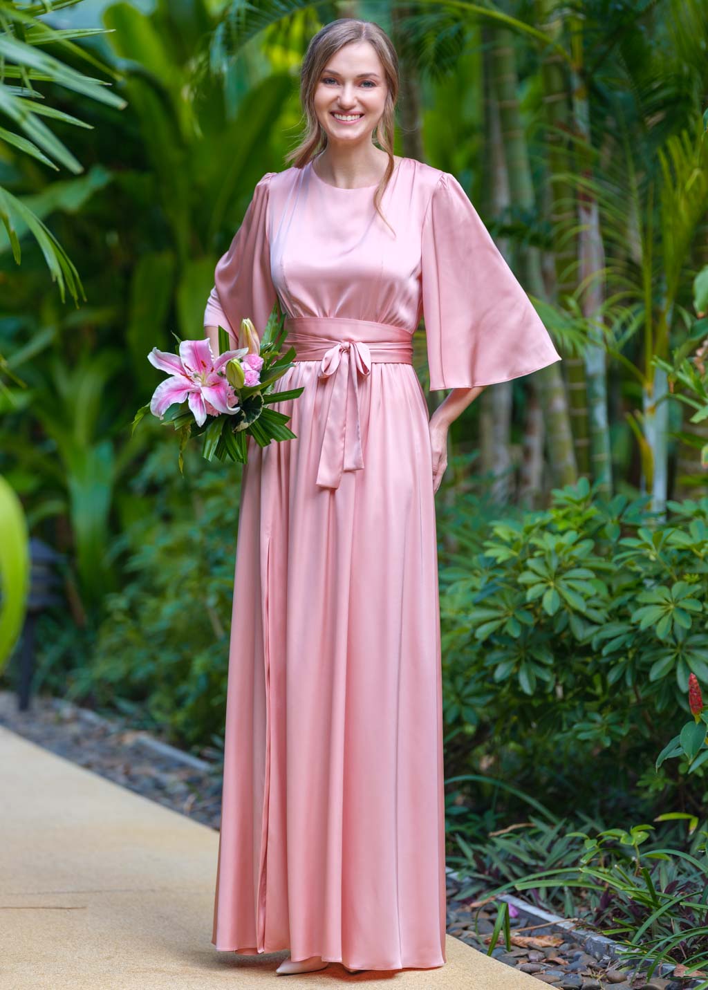 Blush pink silk slit dress with belt