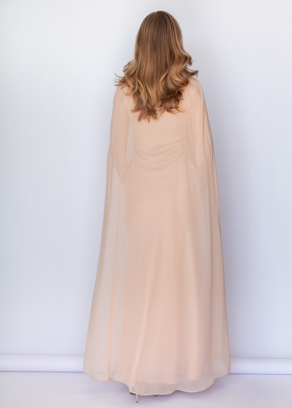 Bias Cut Light Champagne Maxi Silk Dress with Long Sleeves & Detachable Cape