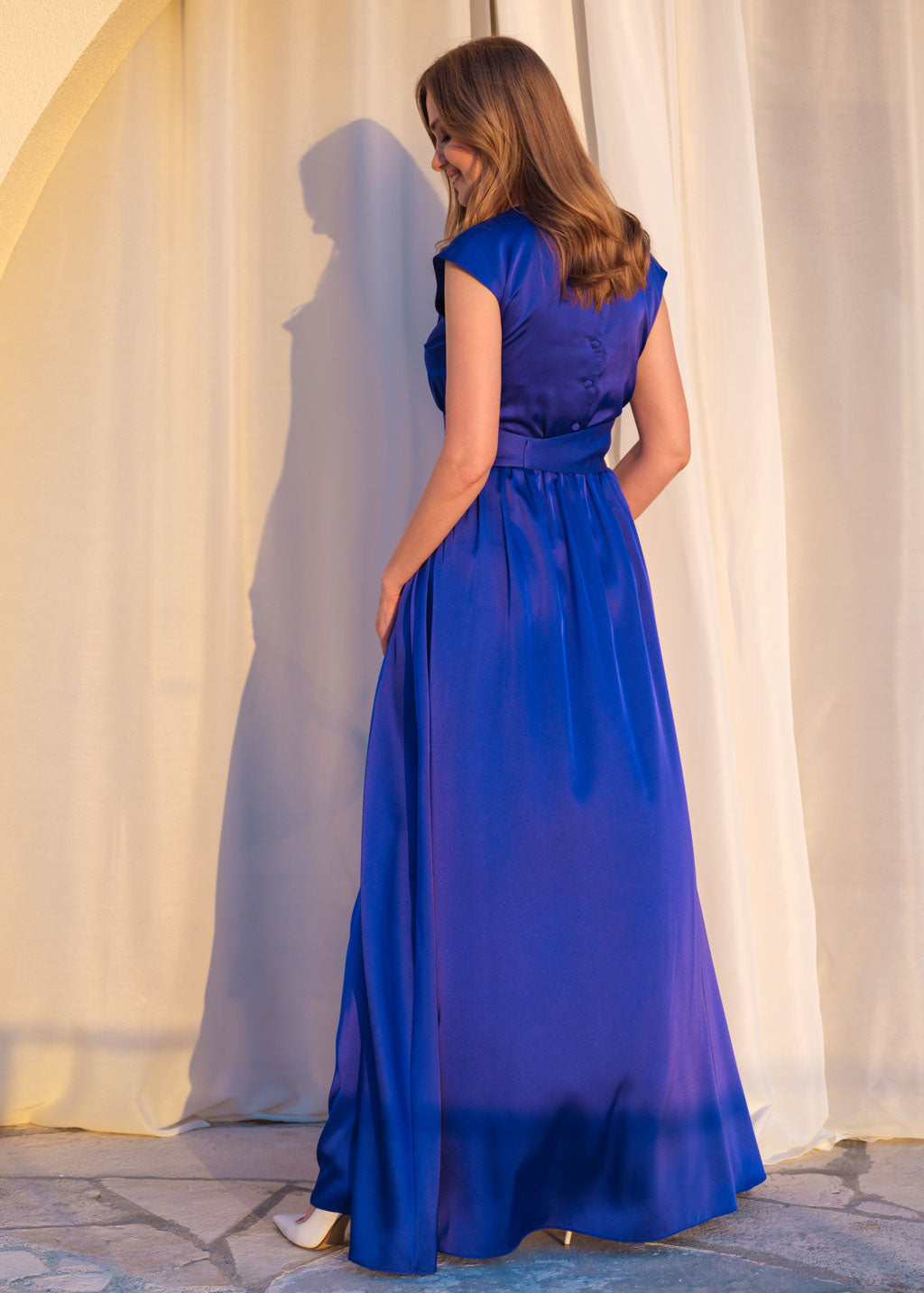Silk royal blue dress with belt