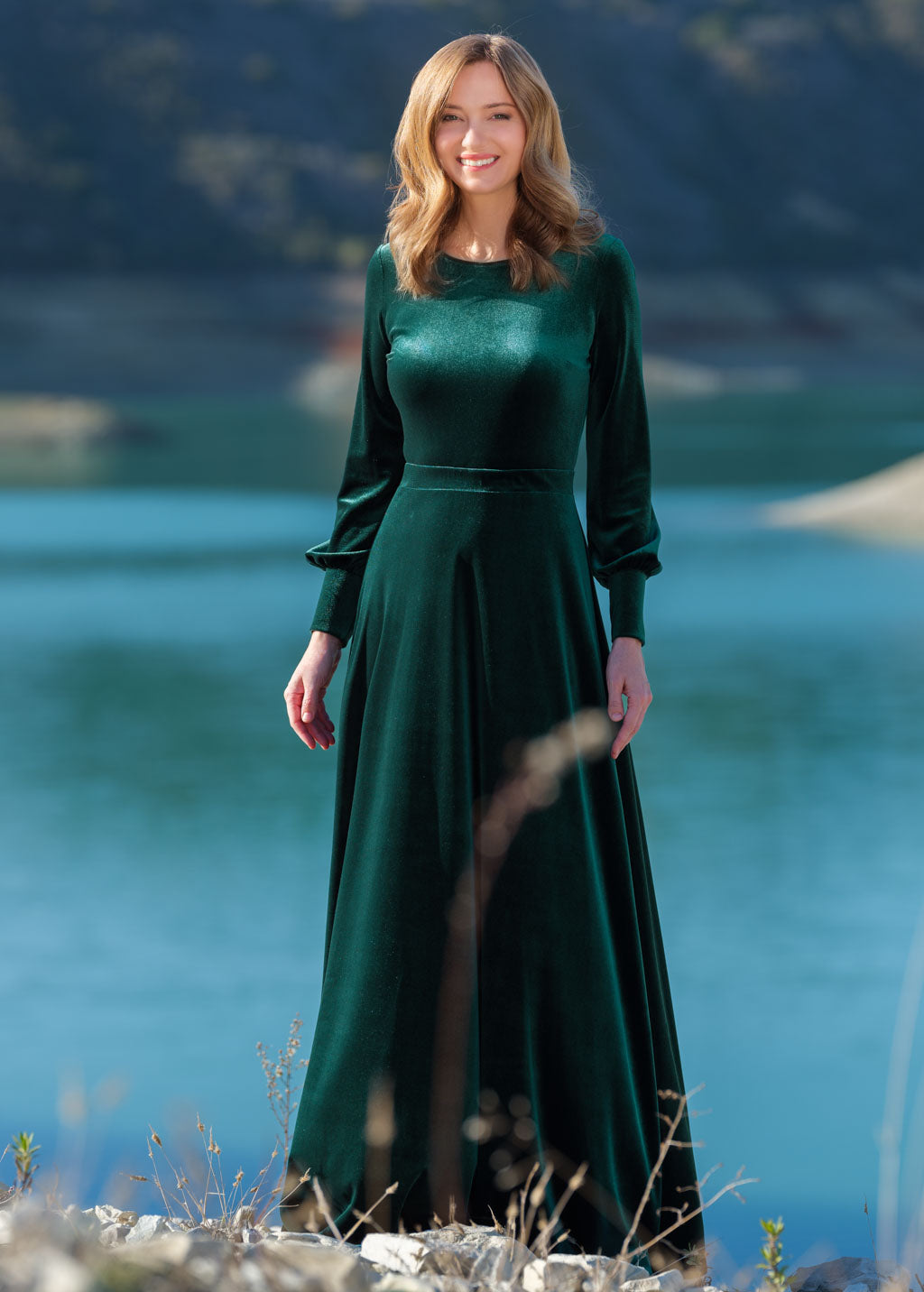 Emerald green velvet long dress