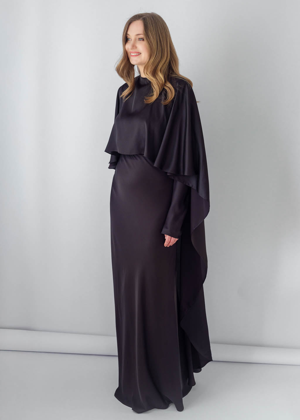 Black Silk Maxi Dress & Detachable Silk Cape