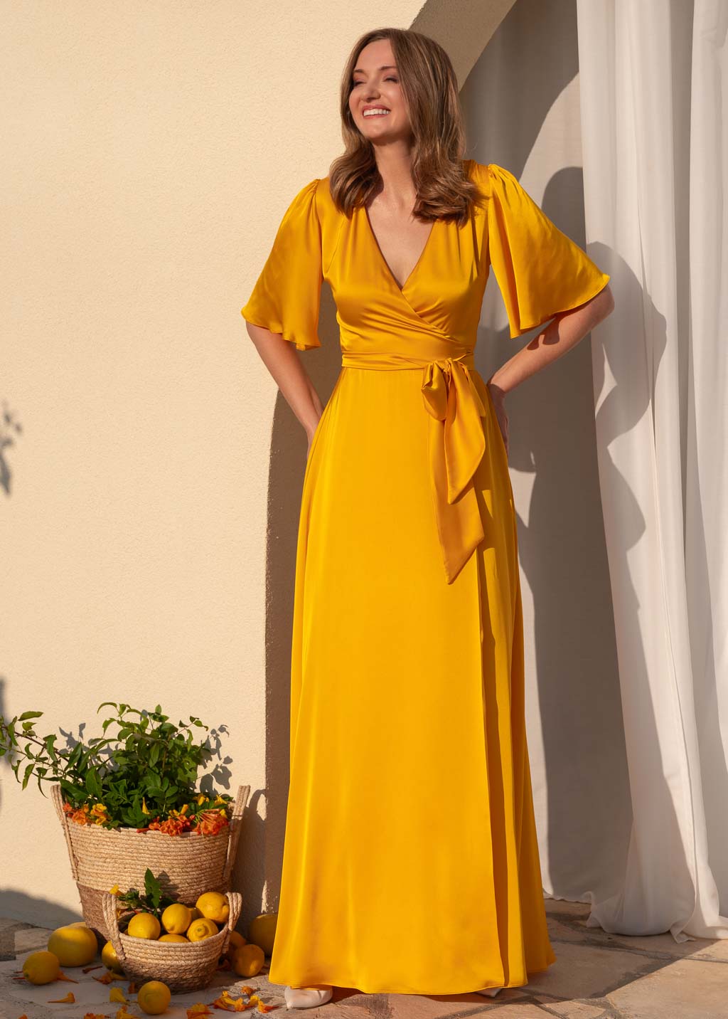 Sunflower yellow silk satin gown for weddings & special occasions