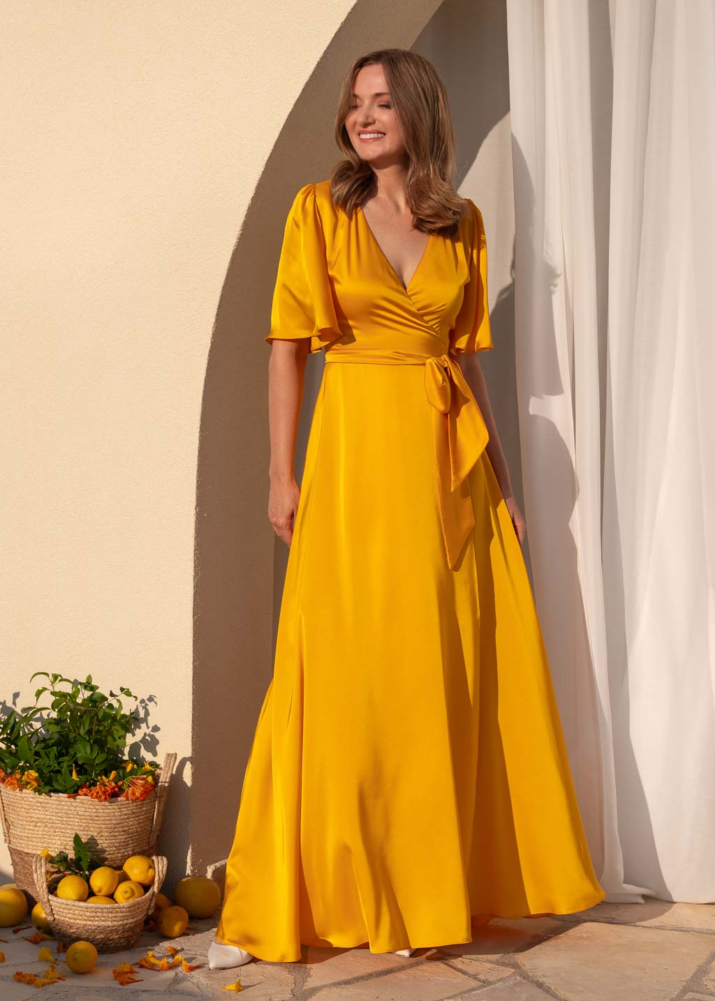 Sunflower yellow silk satin gown for weddings & special occasions