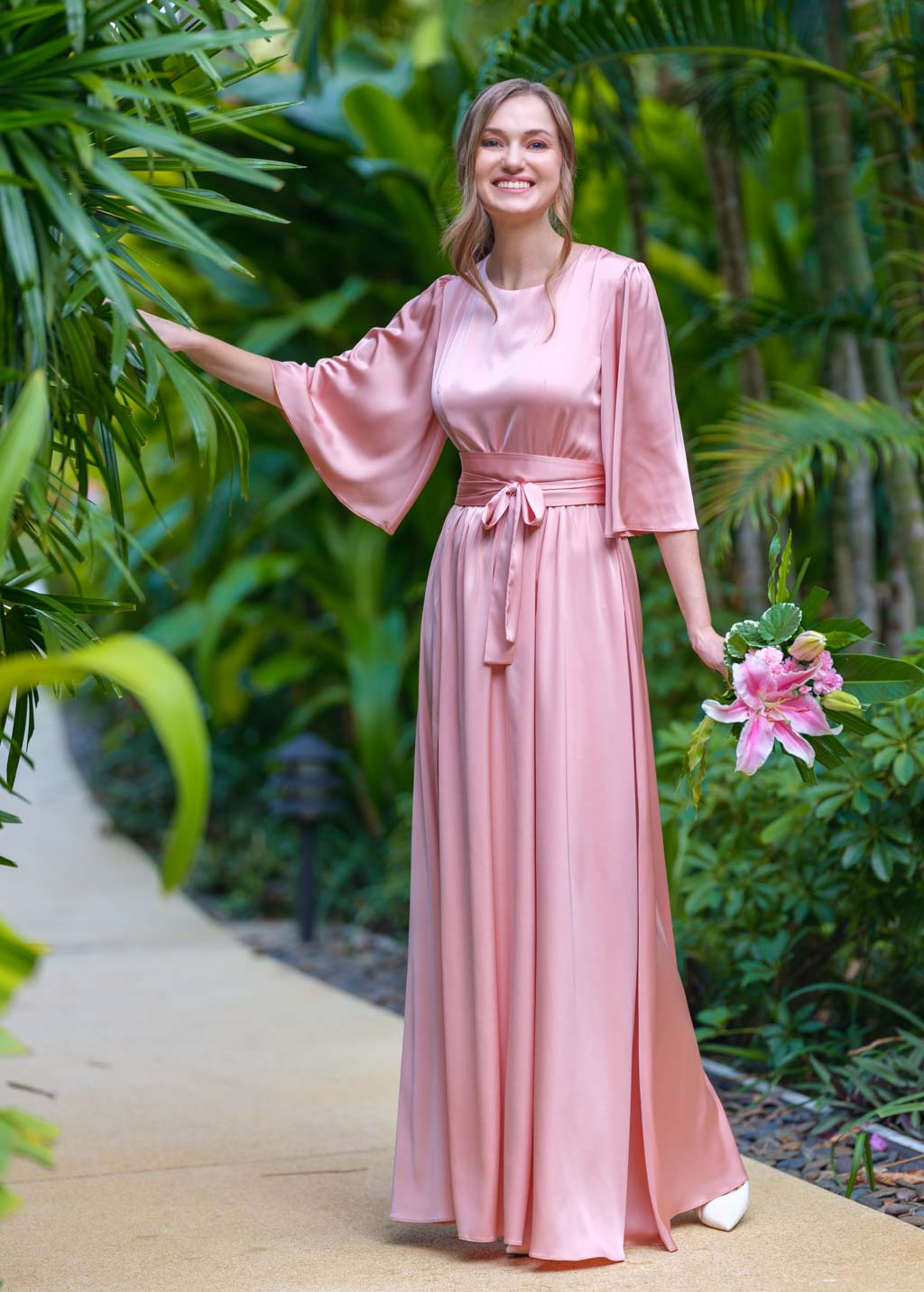 Blush pink silk slit dress with belt