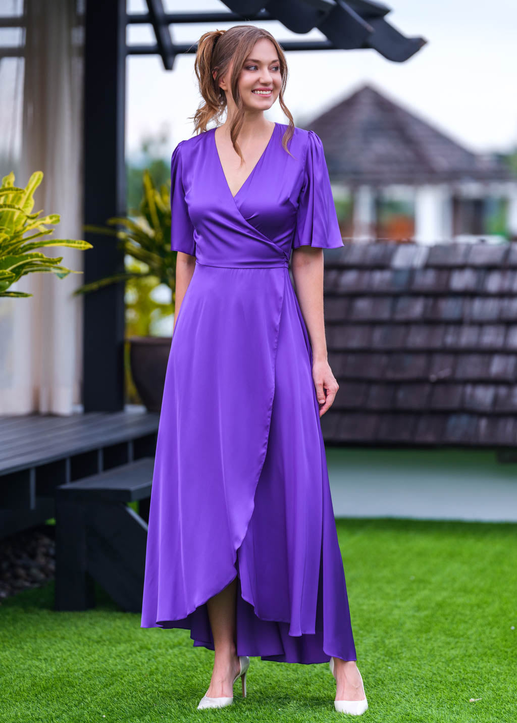 Purple silk long wrap dress