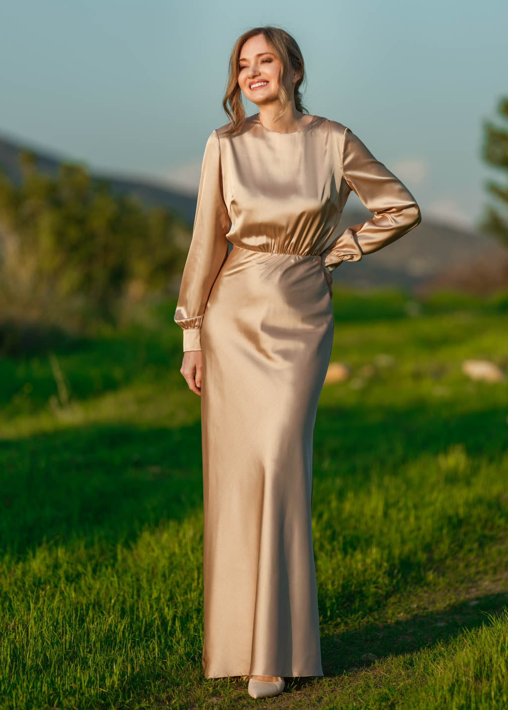 Champagne gold silk long dress