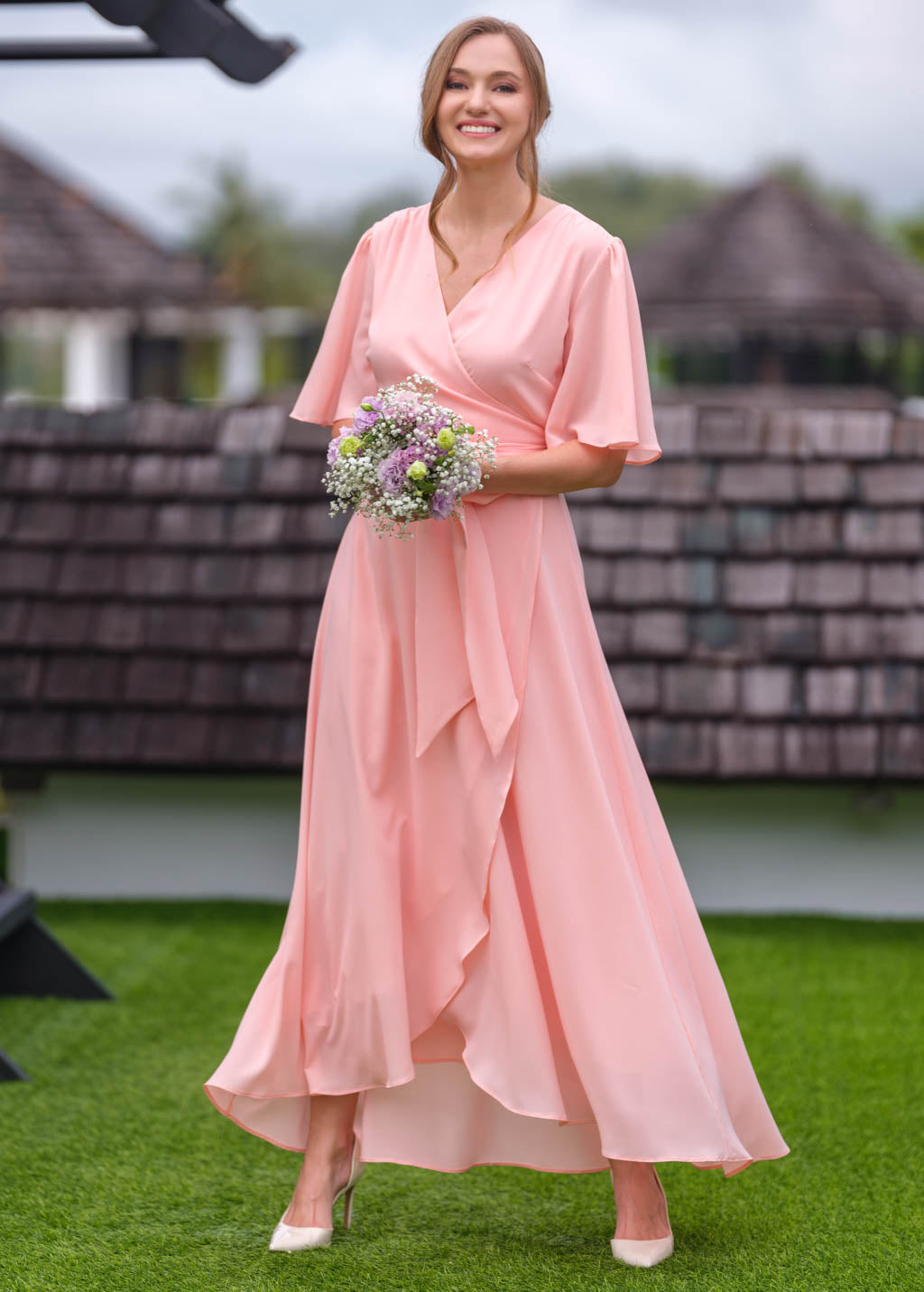 Blush pink chiffon wrap dress
