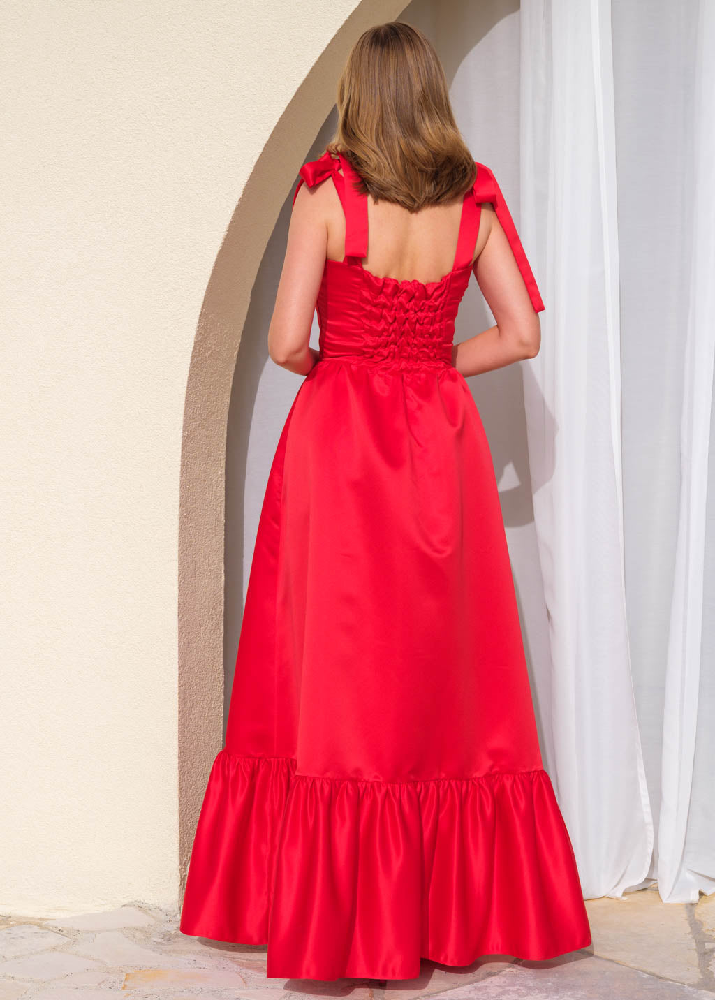 Red long satin dress with ruffle hem