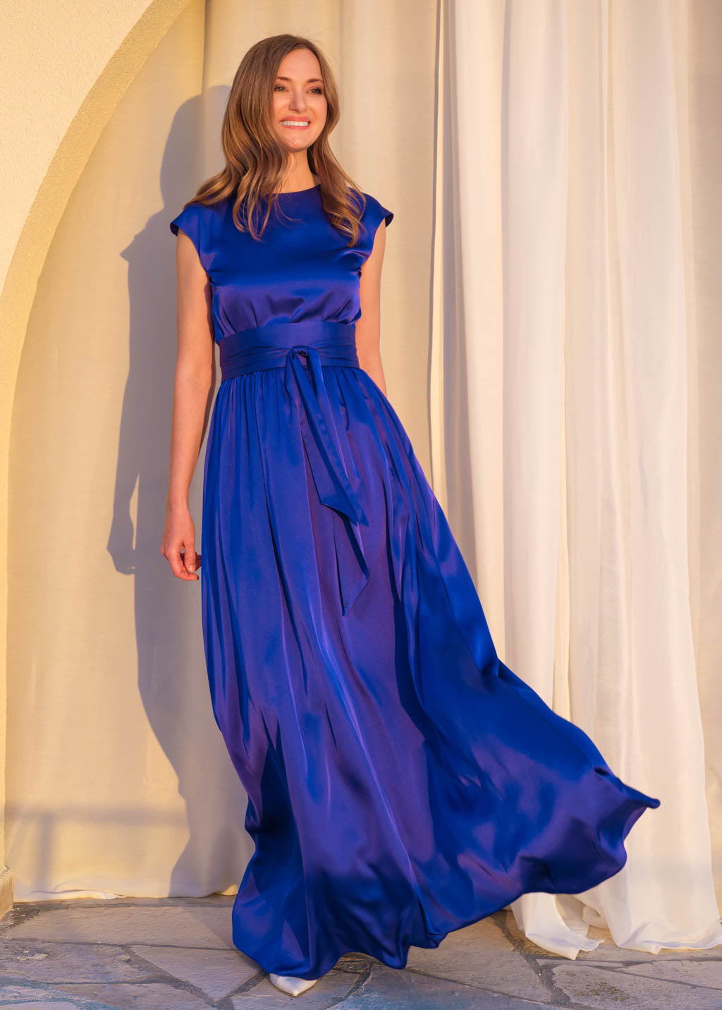 Silk royal blue dress with belt