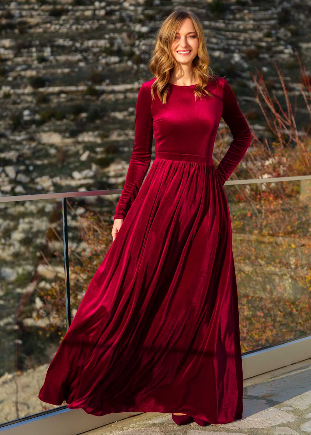 Burgundy velvet long dress