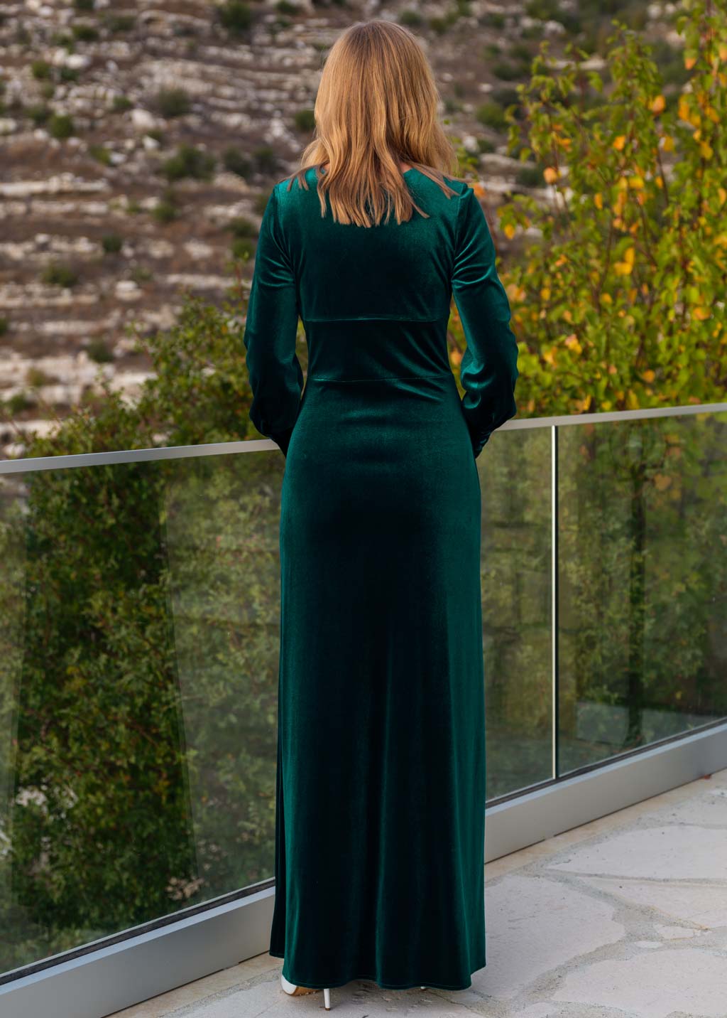 Emerald green velvet long dress