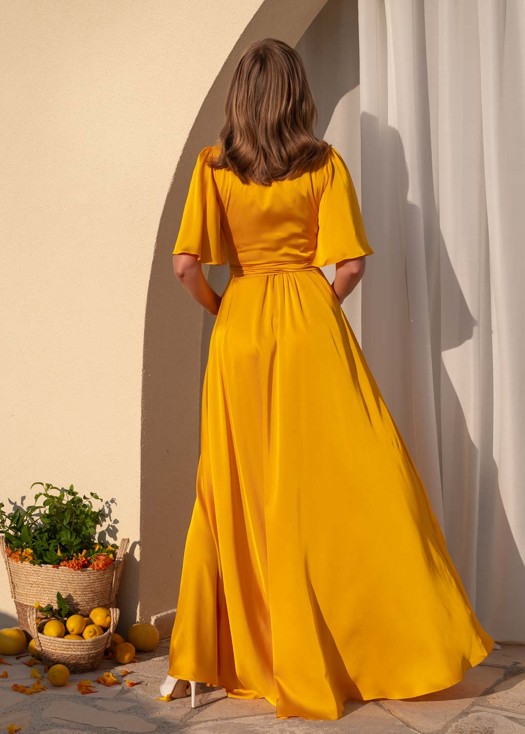 Sunflower yellow silk satin gown for weddings & special occasions