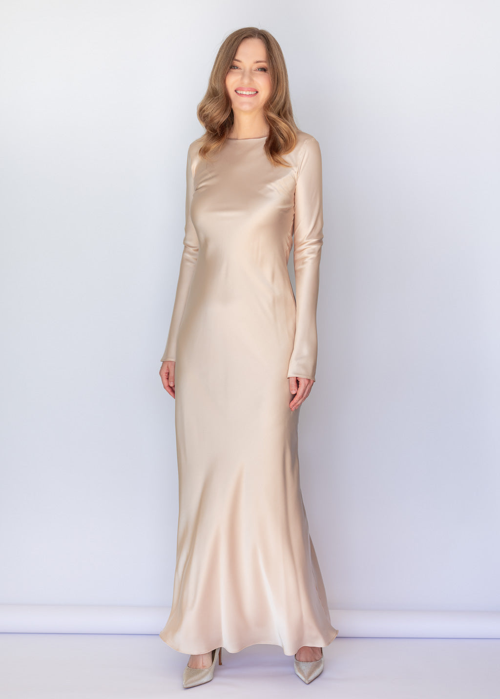Bias Cut Light Champagne Maxi Silk Dress with Long Sleeves & Detachable Cape