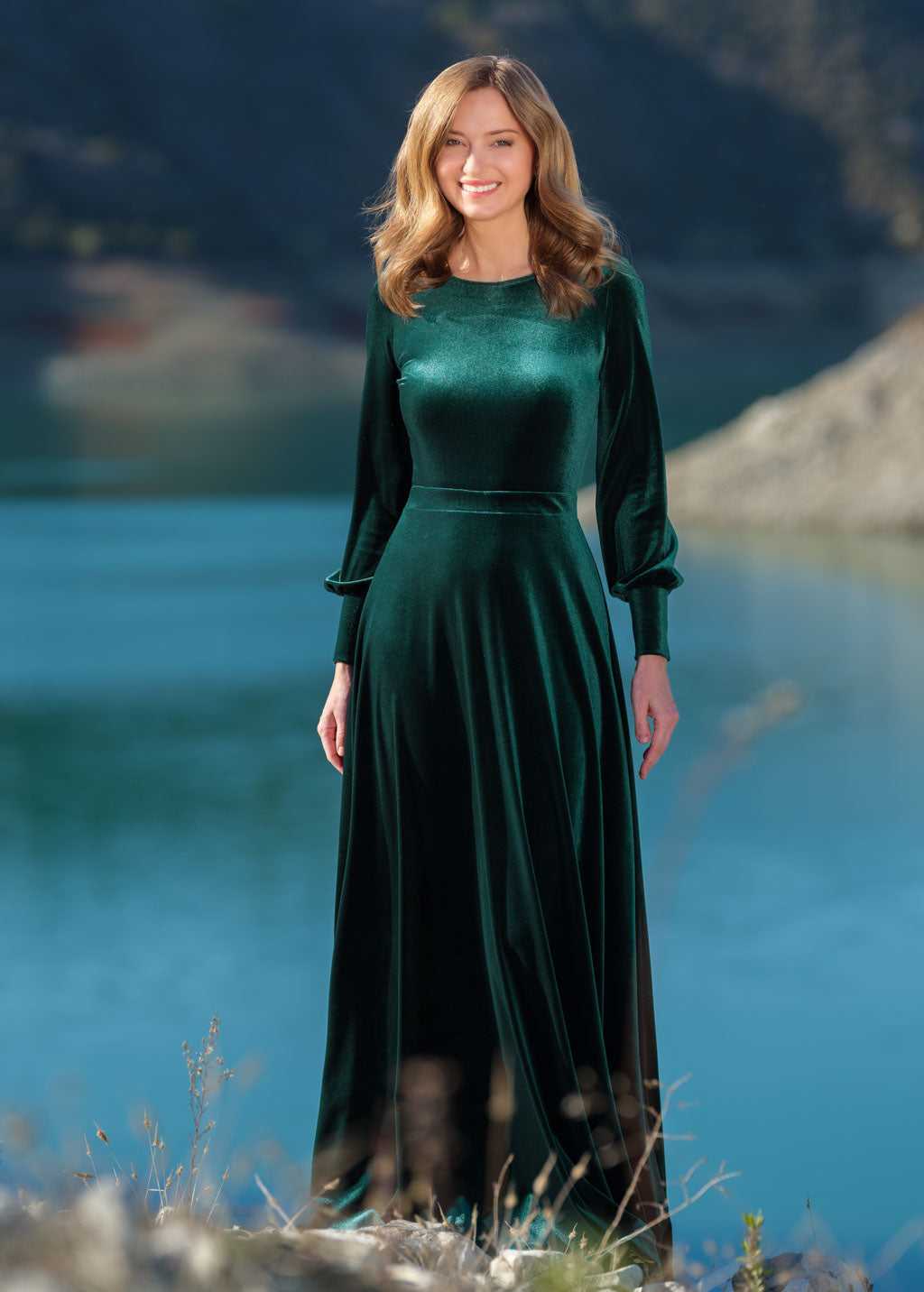 Emerald green velvet long dress