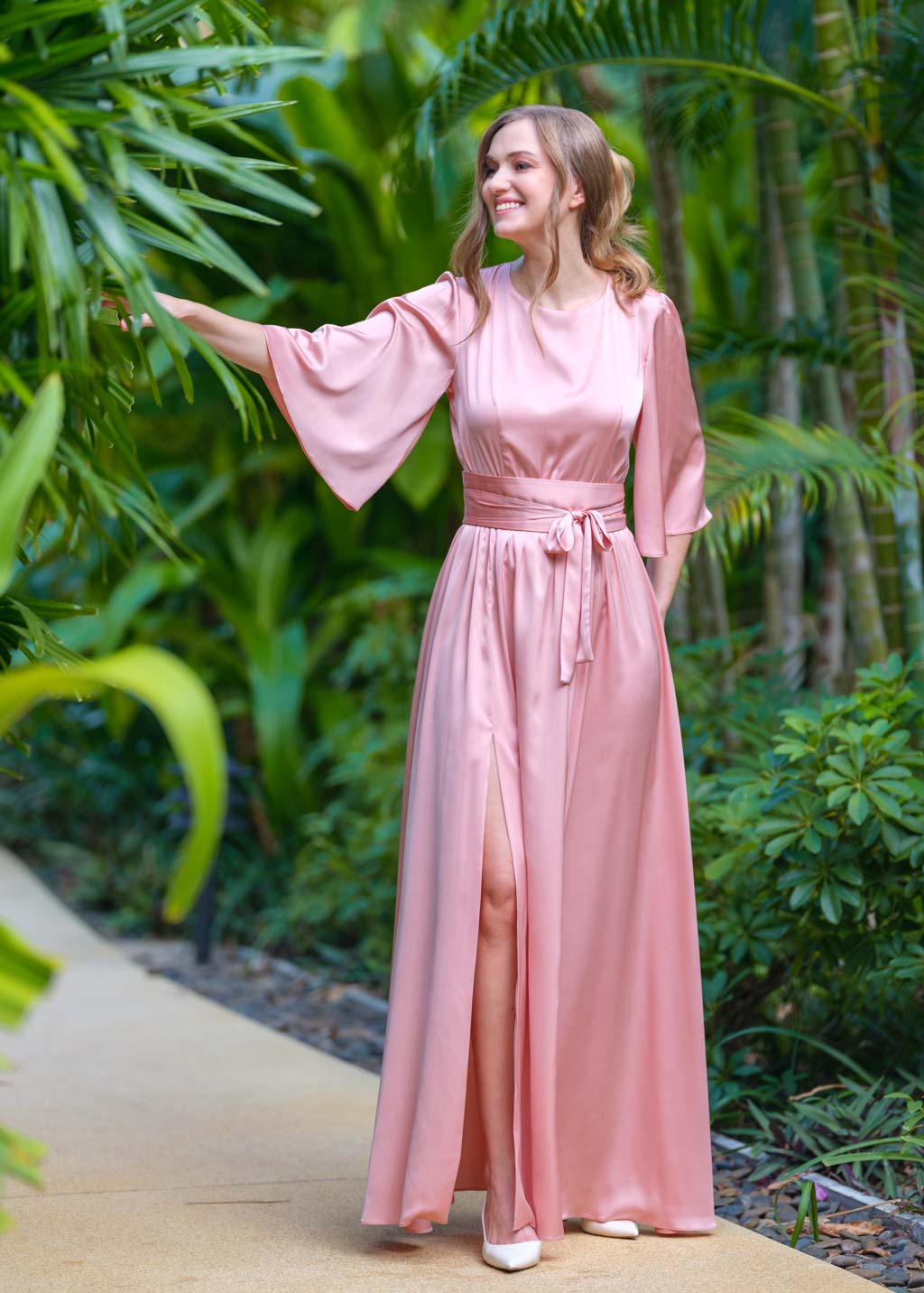 Blush pink silk dress with belt