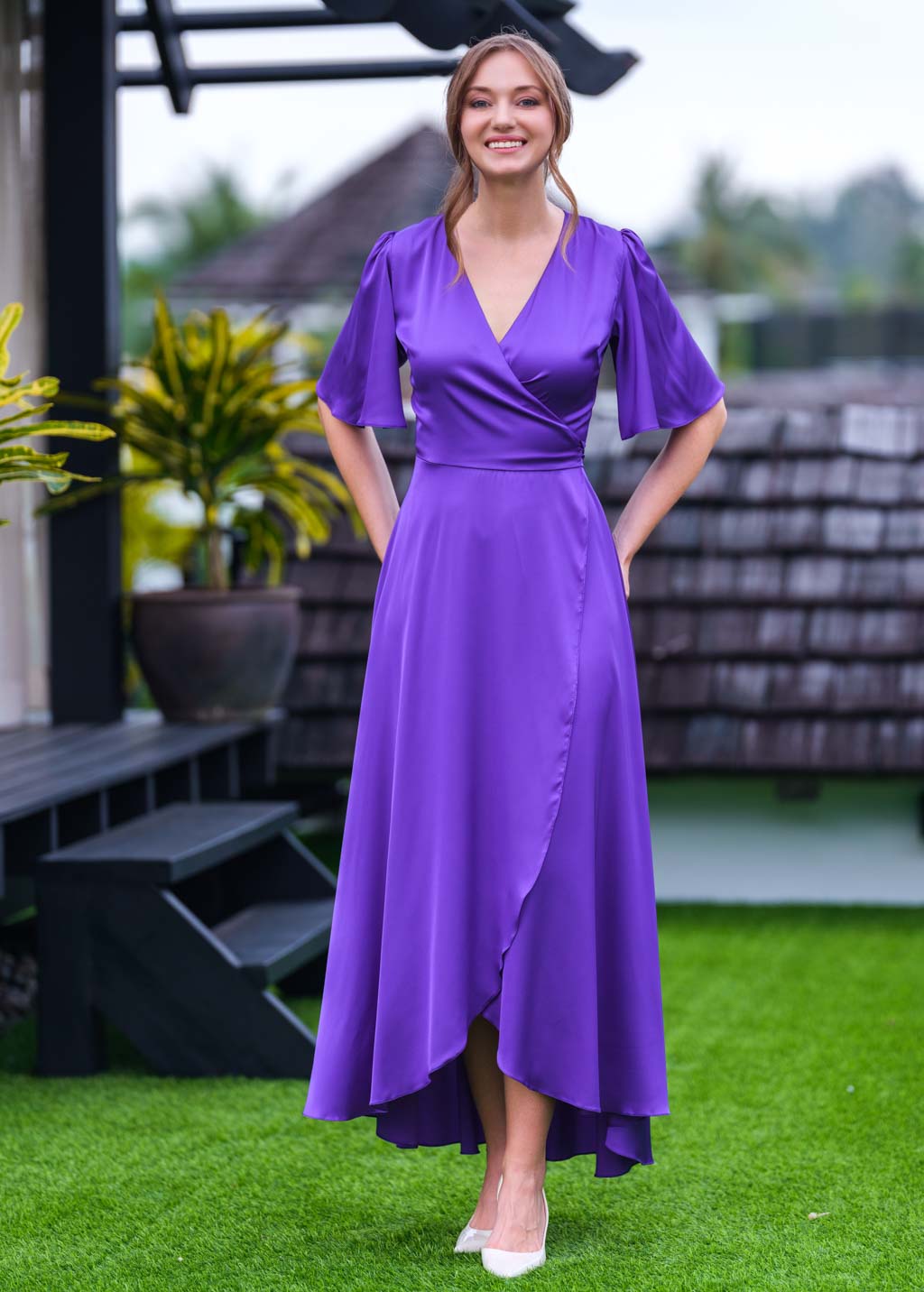 Purple silk long wrap dress