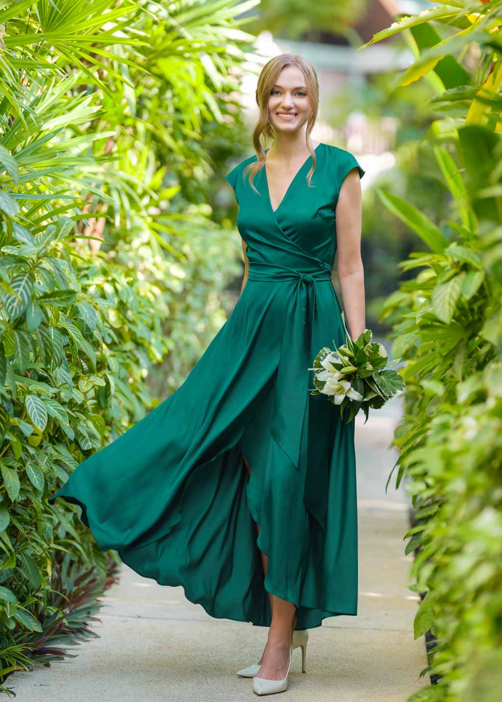 Emerald green romantic wrap dress