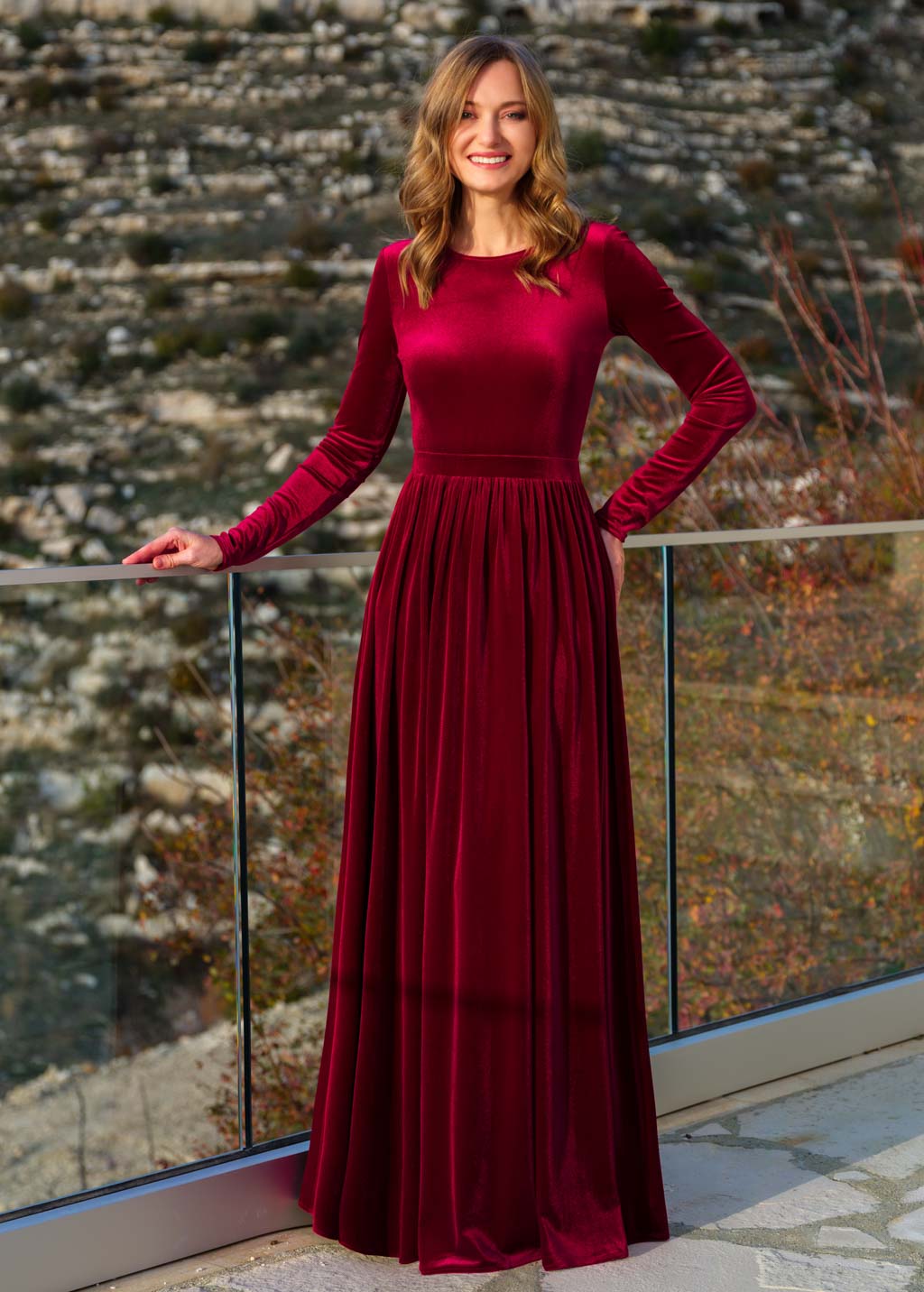 Burgundy velvet long bridesmaid dress
