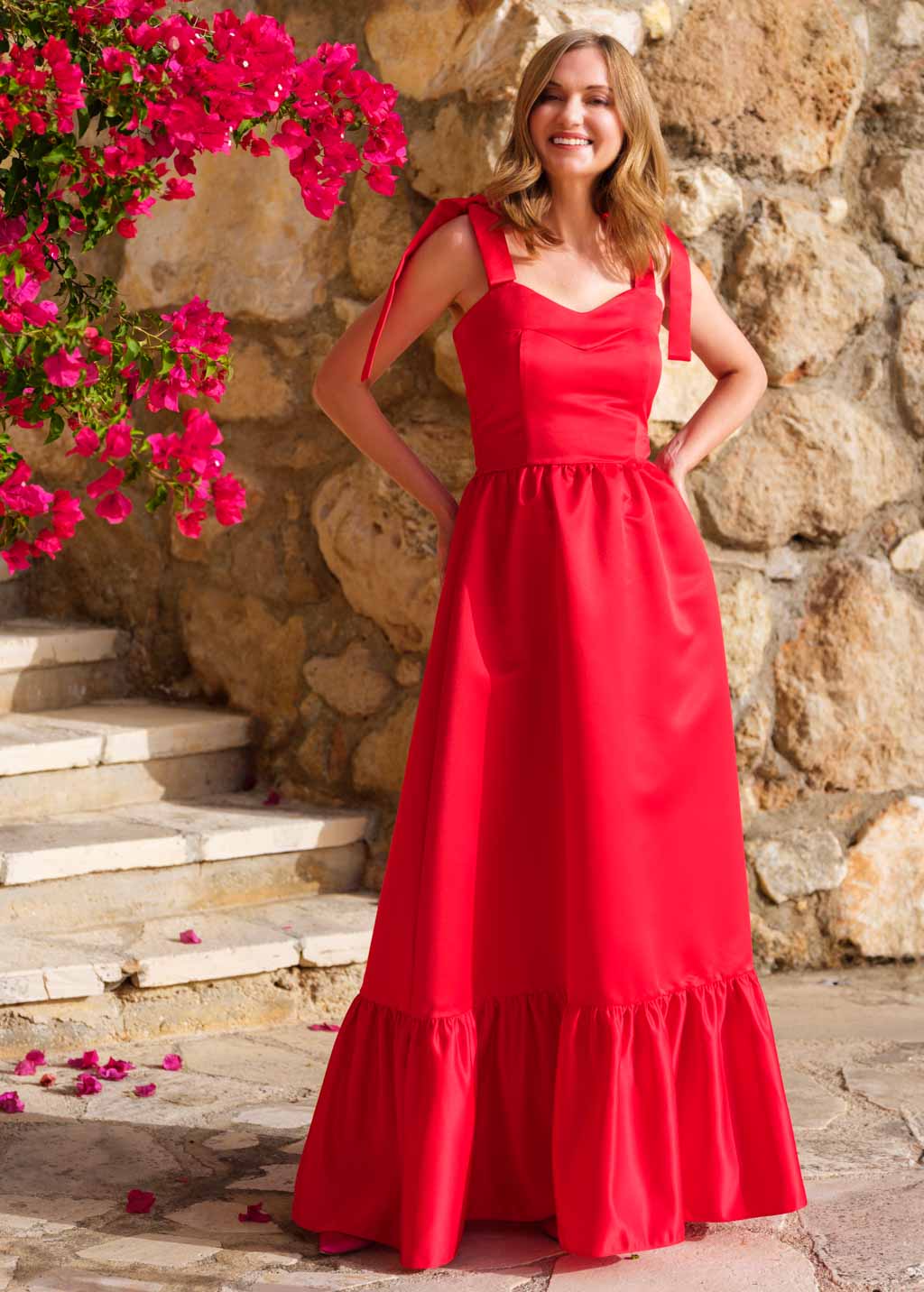 Red long satin dress with ruffle hem