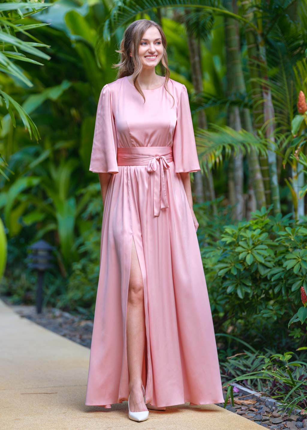 Blush pink silk dress with belt
