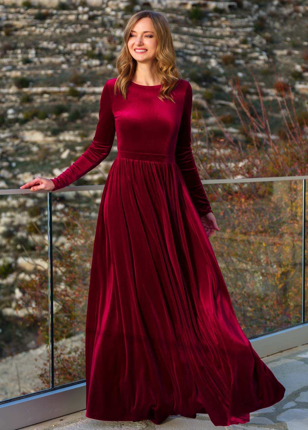 Burgundy velvet long bridesmaid dress