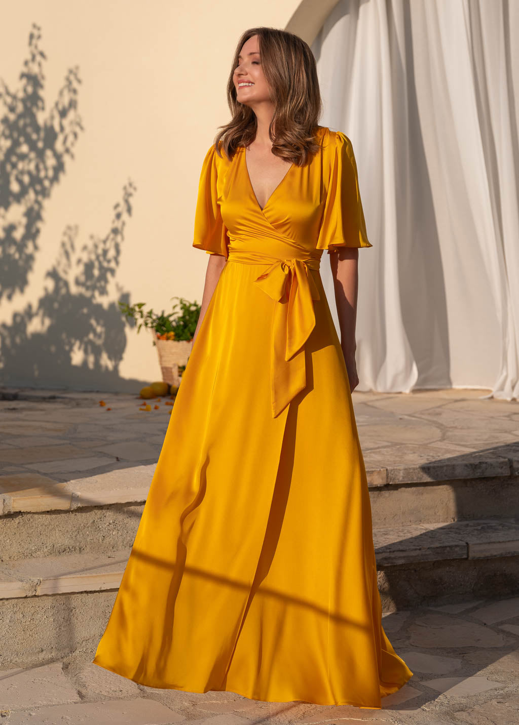 Sunflower yellow silk satin gown for weddings & special occasions
