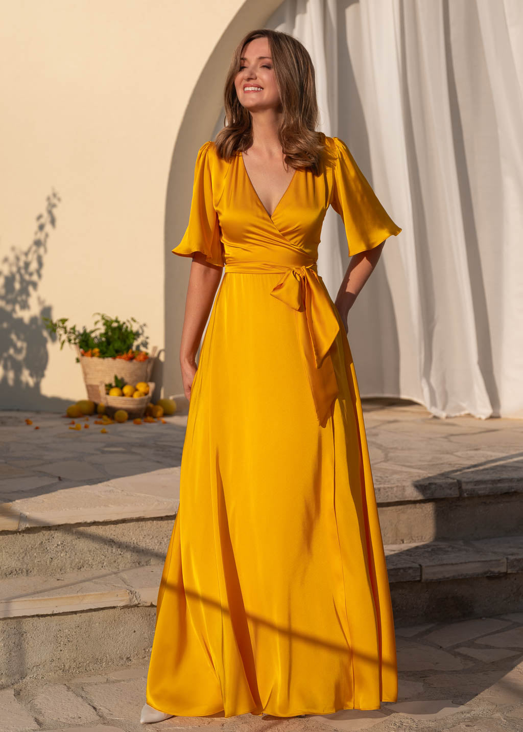 Sunflower yellow silk satin gown for weddings & special occasions