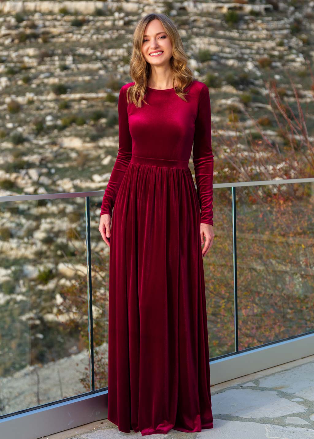 Burgundy velvet long bridesmaid dress