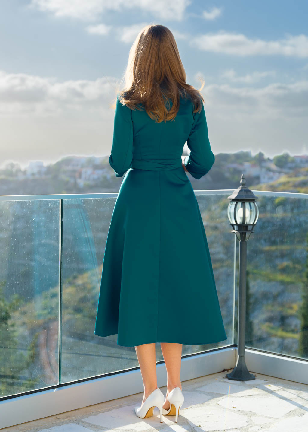Teal luxury satin midi wrap dress
