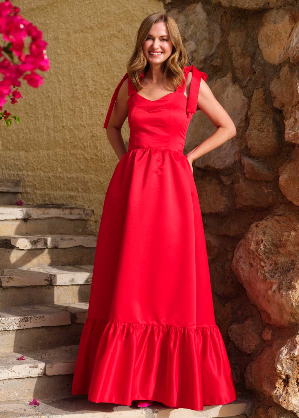 Red long satin dress with ruffle hem