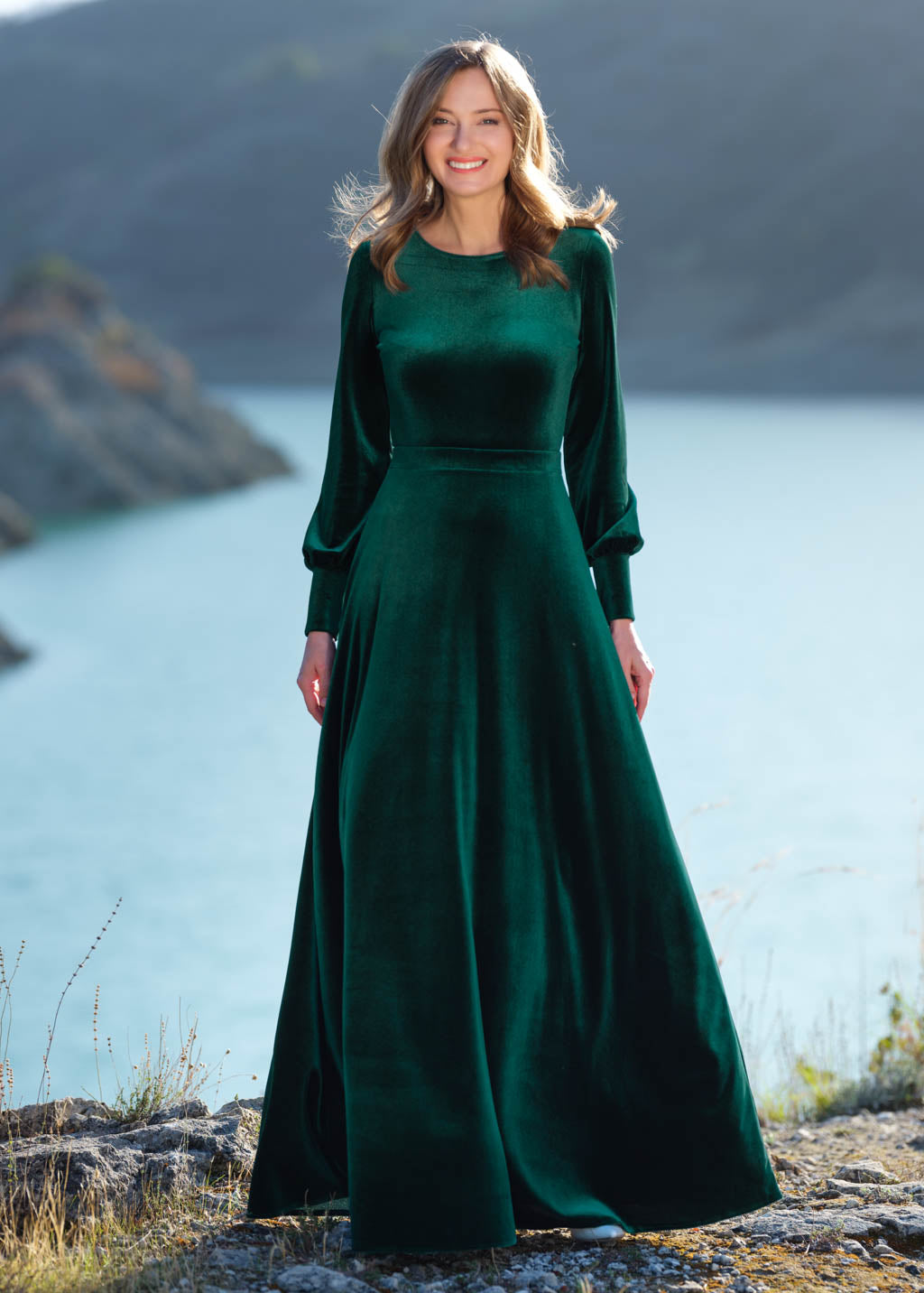 Emerald green velvet long dress